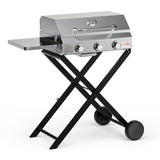 Asador a gas ONLYFIRE GS308 de 3 quemadores sobre carro plegable con ruedas y mesa lateral