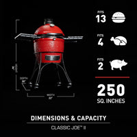 Dimensiones y capacidad del Kamado Joe Classic II: 250 pulgadas cuadradas para 13 hamburguesas, 4 pollos o 2 perniles