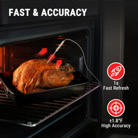Termómetro digital mide la temperatura de un pavo asado en horno, ideal para precisión en cocina.