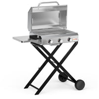 Asador a gas ONLYFIRE GS308 con carro plegable, ruedas y mesa lateral desplegada