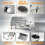 Detalles del asador ONLYFIRE: perillas de control, termómetro integrado, seguro de tapa, patas plegables y recolector de grasa