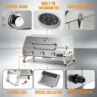 Detalles del asador ONLYFIRE: perillas de control, termómetro integrado, seguro de tapa, patas plegables y recolector de grasa