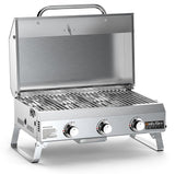 Asador ONLYFIRE GS307 con la tapa abierta mostrando la parrilla en acero inoxidable