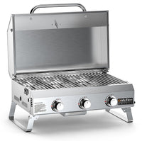Asador ONLYFIRE GS307 con la tapa abierta mostrando la parrilla en acero inoxidable
