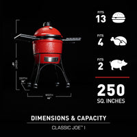Dimensiones y capacidad del Classic I: 250 pulgadas cuadradas para 13 hamburguesas, 4 pollos o 2 perniles