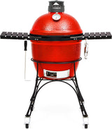 Kamado Joe Classic I de cerámica roja sobre su carrito de hierro fundido, con las repisas laterales desplegadas