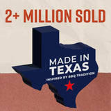 Gráfico de estado de Texas con texto '2+ million sold' y 'Made in Texas inspired by BBQ tradition'