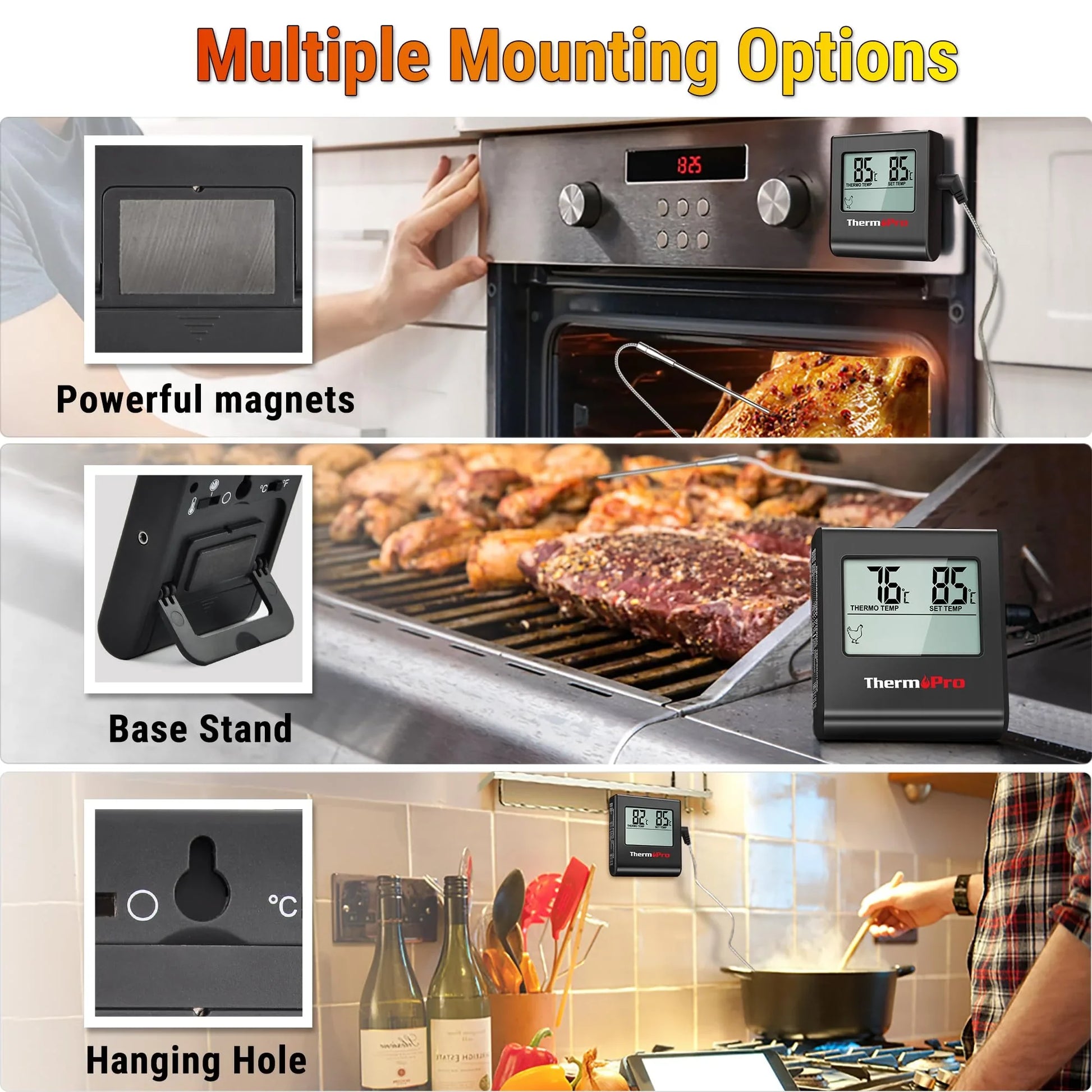 Termómetro digital ThermoPro con múltiples opciones de montaje para cocina, horno y parrilla.