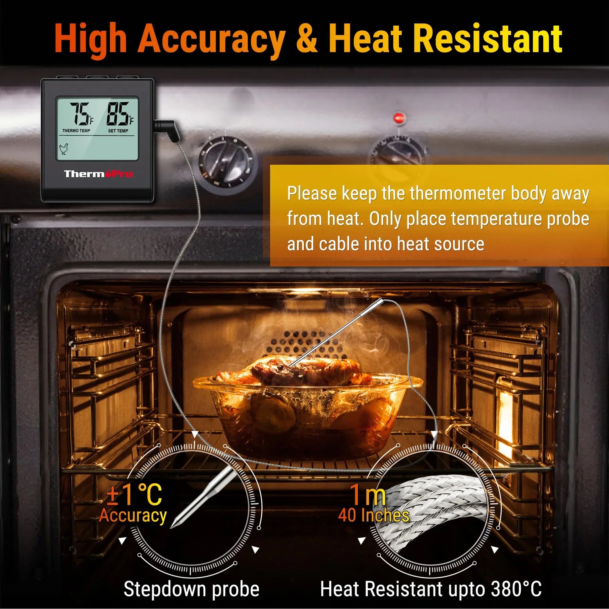 Termómetro digital de cocina ThermoPro midiendo temperatura de carne asada en horno, ideal para asados y parrillas.