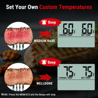 Imagen comparando carne término medio y bien cocida con termómetro digital para asados y parrilla.