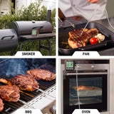 Termómetro digital midiendo temperatura de carne en ahumador, sartén, parrilla y horno, ideal para asadores y bbq.