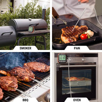 Termómetro digital midiendo temperatura de carne en ahumador, sartén, parrilla y horno, ideal para asadores y bbq.