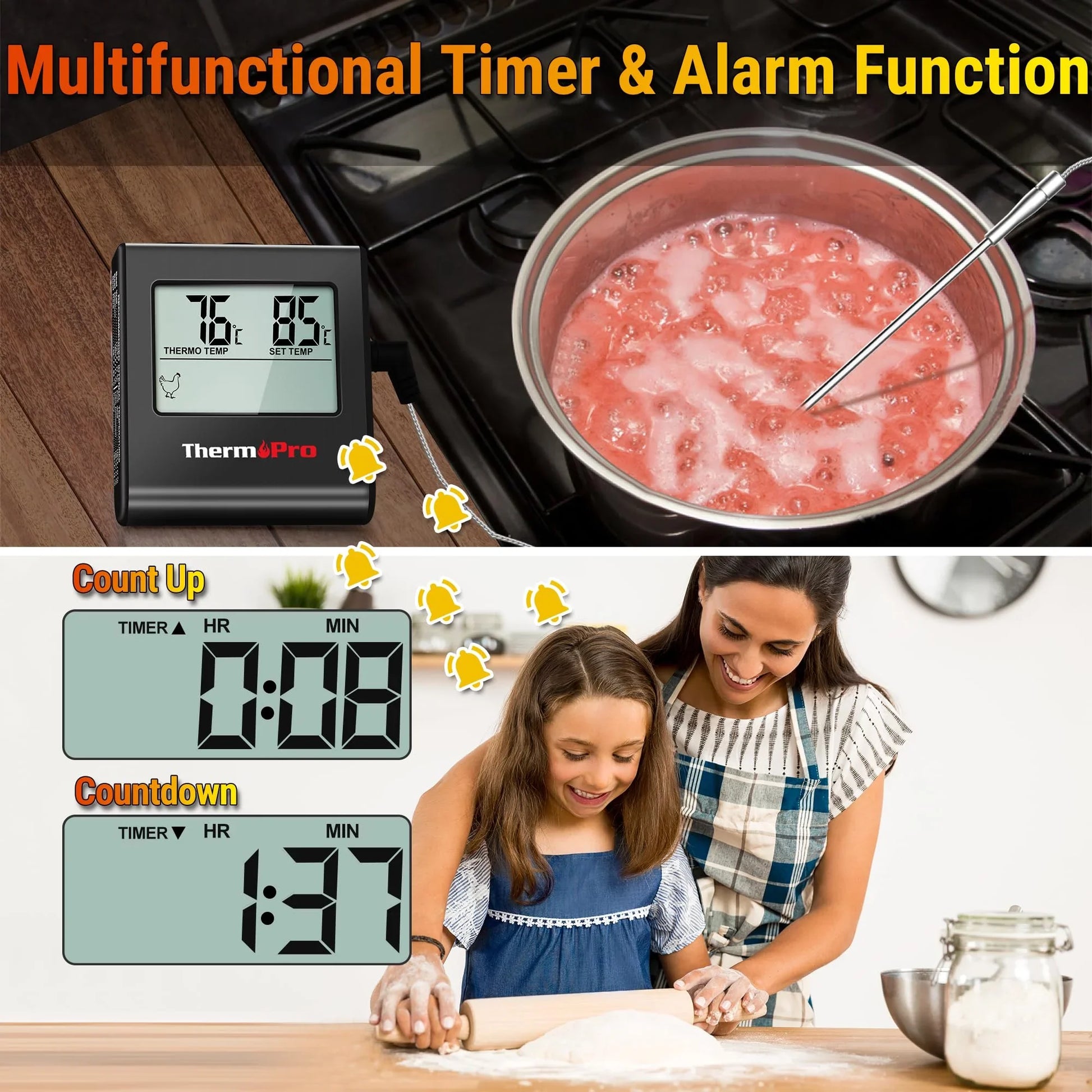 Temporizador y termómetro de cocina digital, ideal para cocinar y hornear, mostrado con olla y familia horneando.