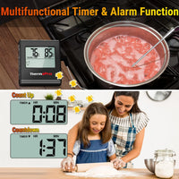 Temporizador y termómetro de cocina digital, ideal para cocinar y hornear, mostrado con olla y familia horneando.