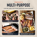 Ejemplos de usos multi-propósito: bandeja con comida tipo restaurante, postres y pan en horno.