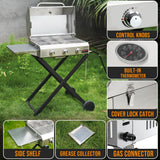 Asador ONLYFIRE GS308 en el jardín con detalle de la mesa lateral y el recolector de grasa