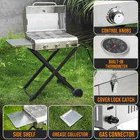 Asador ONLYFIRE GS308 en el jardín con detalle de la mesa lateral y el recolector de grasa