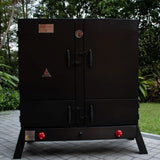 Ahumador vertical dual gas y carbón negro en exterior, ideal para asados, ahumados y bbq