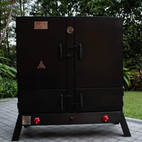 Ahumador vertical dual gas y carbón negro en exterior, ideal para asados, ahumados y bbq