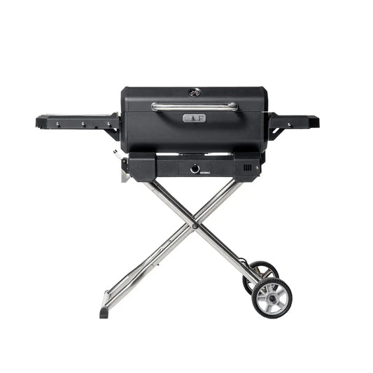Parrilla y ahumador de carbón portátil con carrito, ideal para asados y bbq.