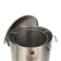 Barril asador grande de acero inoxidable con tapa abierta, ideal para parrilla y ahumados