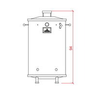 Dibujo técnico de barril asador de acero inoxidable con altura de 94 cm.