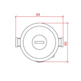 Diagrama técnico de un barril asador visto desde arriba, medidas 64 cm de ancho y 50 cm de fondo.