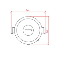 Diagrama técnico de un barril asador visto desde arriba, medidas 64 cm de ancho y 50 cm de fondo.