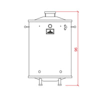 Dibujo técnico de barril asador jumbo de acero inoxidable con altura de 96 cm indicada en rojo