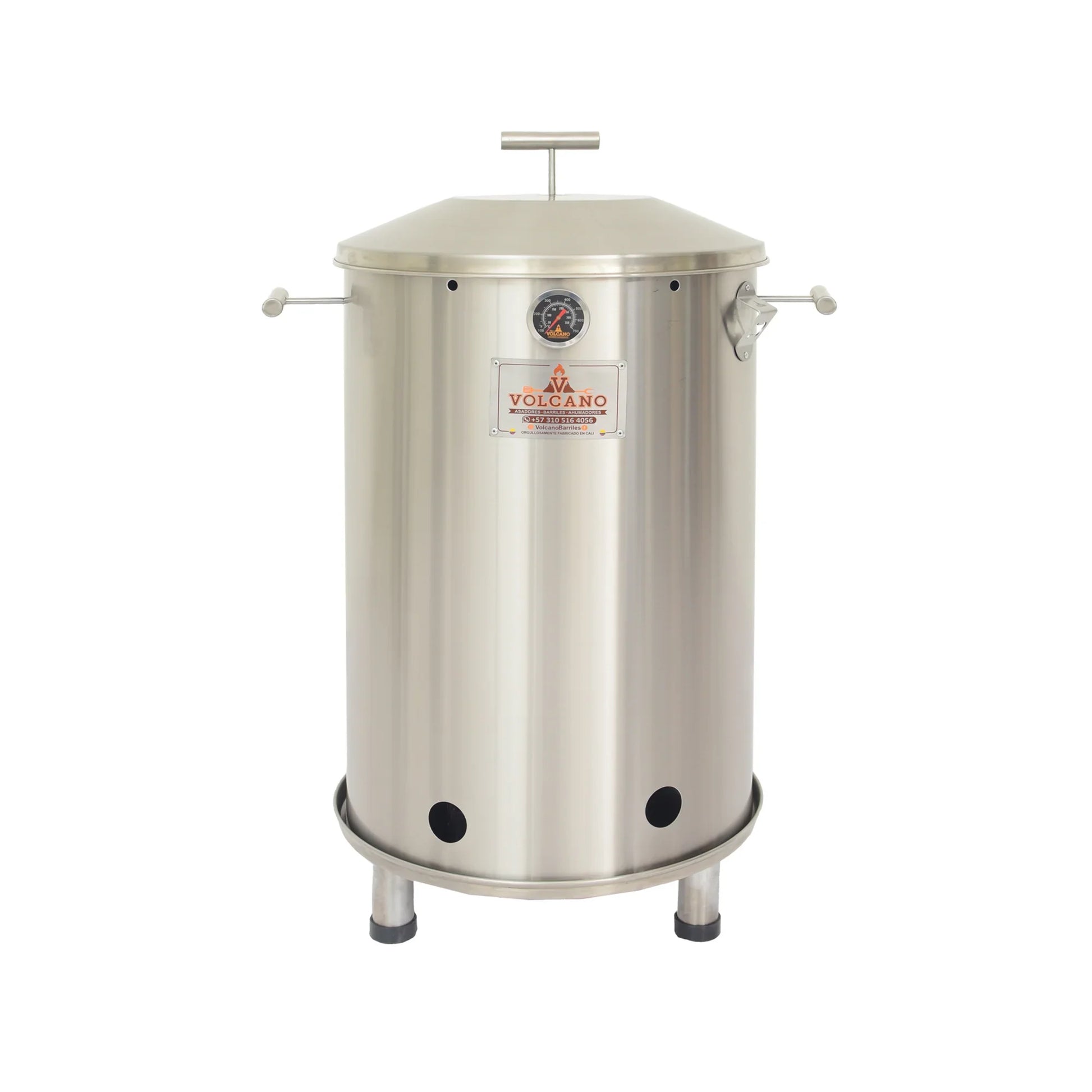 Barril asador mediano de acero inoxidable con termómetro, ideal para asados y ahumados