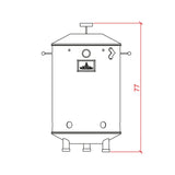 Dibujo técnico de barril asador mediano de acero inoxidable con altura de 77 cm.