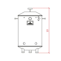 Dibujo técnico de barril asador mediano de acero inoxidable con altura de 77 cm.