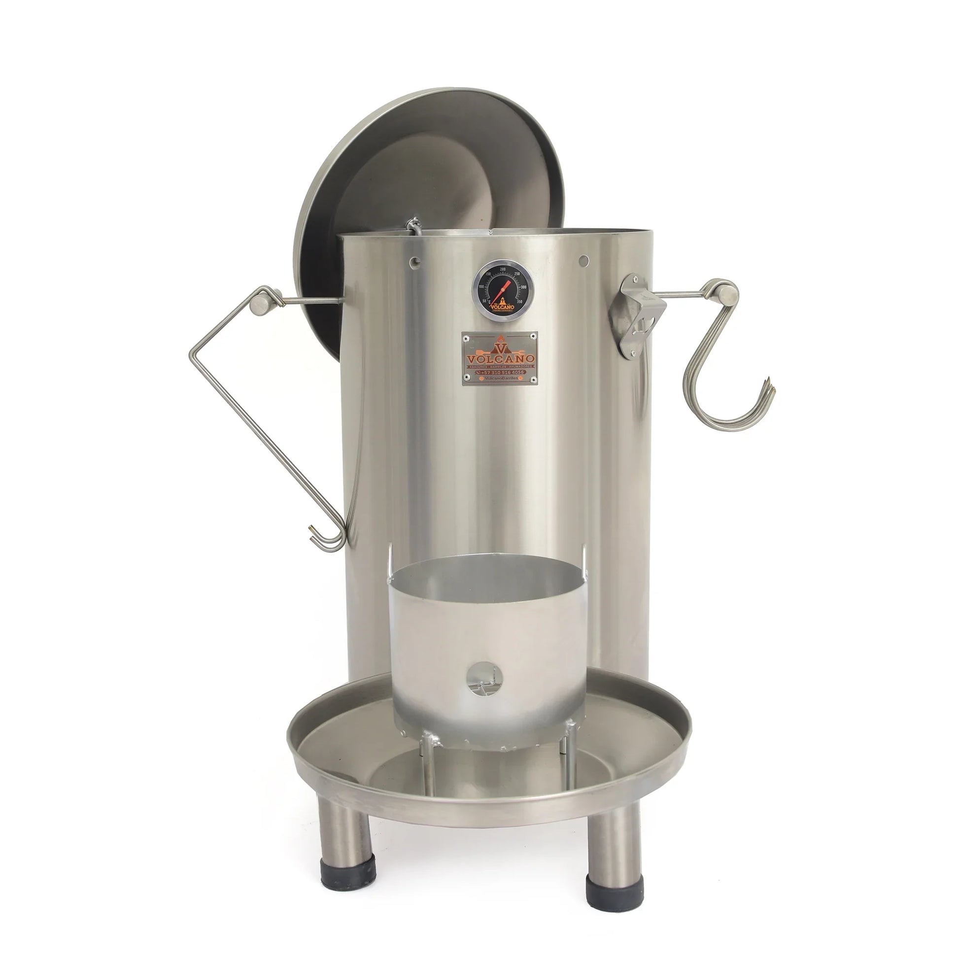 Barril asador pequeño de acero inoxidable con termómetro, ideal para parrilla y ahumados.