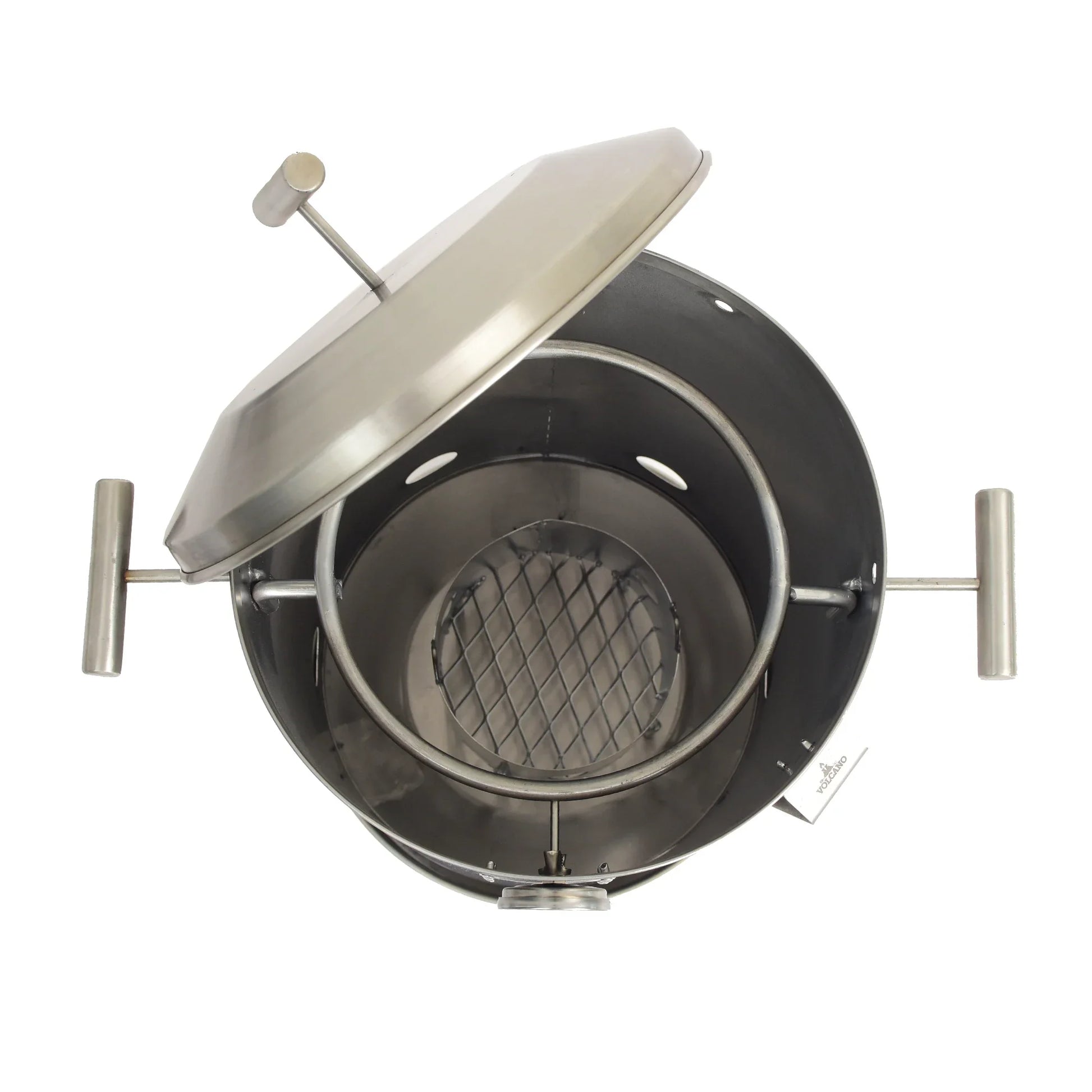 Barril asador pequeño de acero inoxidable visto desde arriba, ideal para asados y parrilla