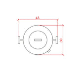 Diagrama técnico de asador barril pequeño de acero inoxidable, medidas 43 cm ancho y 30 cm alto.