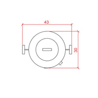 Diagrama técnico de asador barril pequeño de acero inoxidable, medidas 43 cm ancho y 30 cm alto.