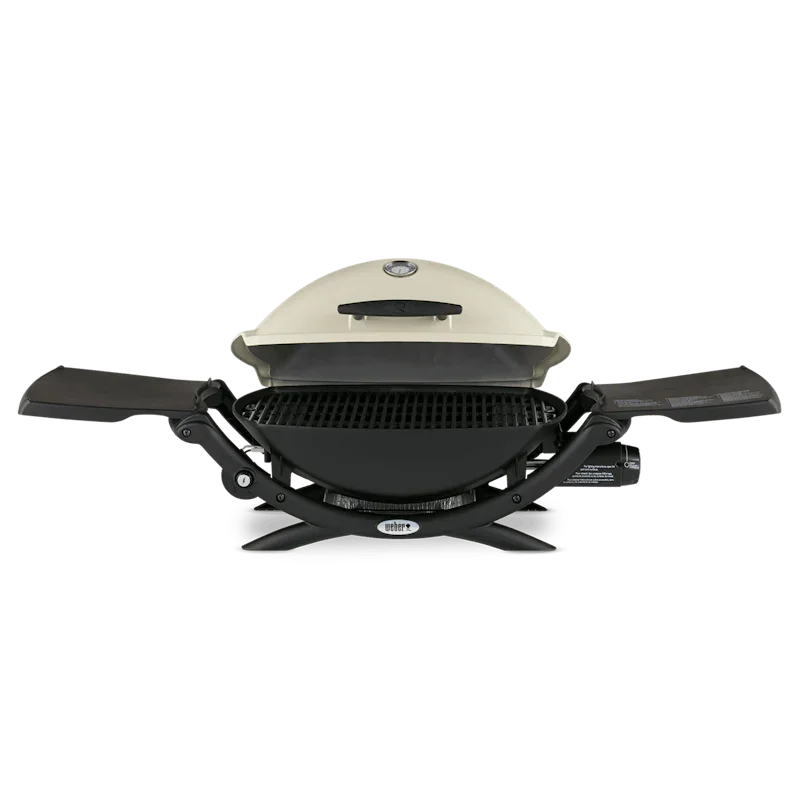 Asador de gas portátil color blanco con tapas laterales, ideal para parrilla y BBQ
