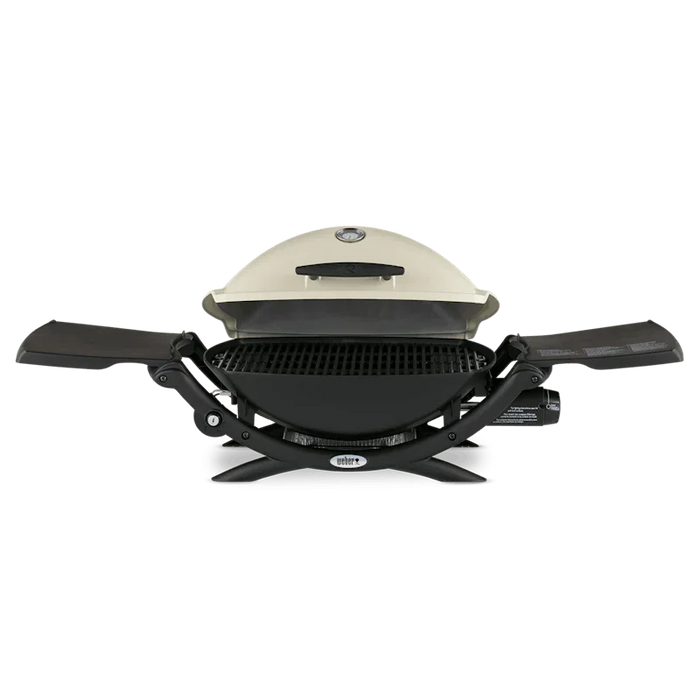 Asador de gas portátil color blanco con tapas laterales, ideal para parrilla y BBQ