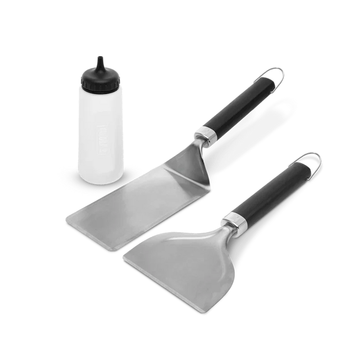 Kit básico para plancha con espátulas y dispensador, ideal para asados y parrilla